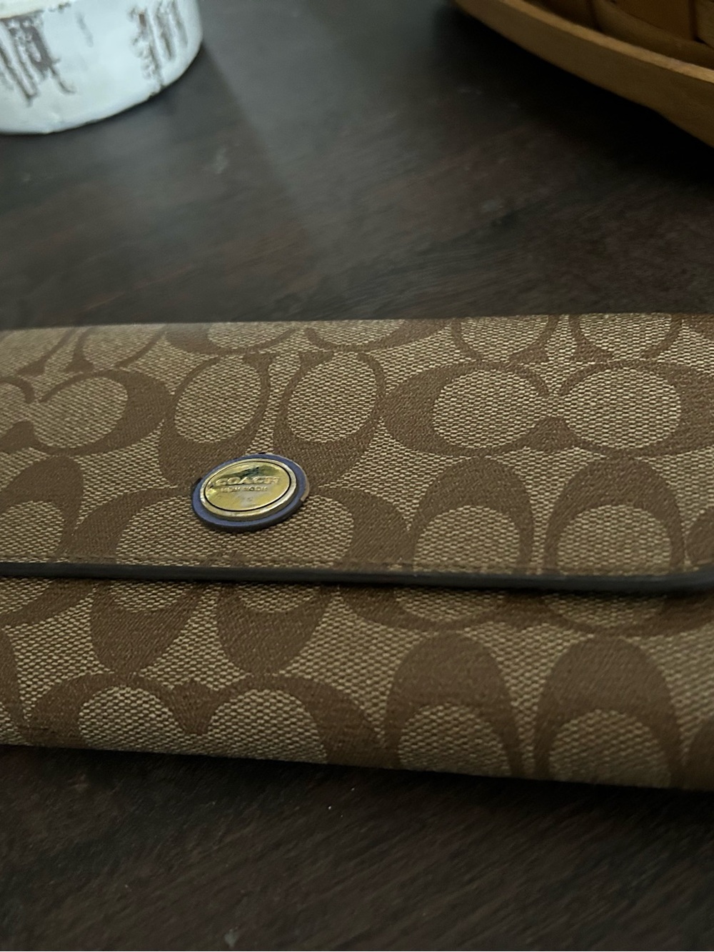 Coach Brown Signature Canvas Wallet with Brass Logo Snap